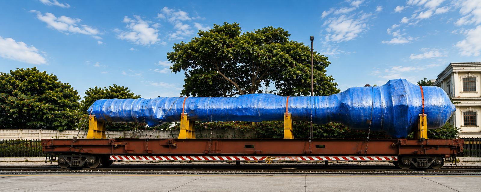 Blue-wrapped over-dimensional cargo secured for transport