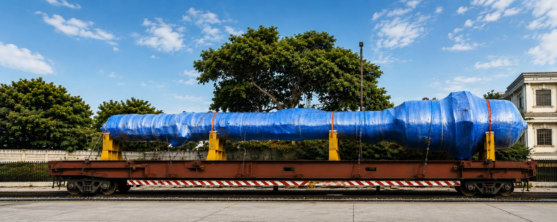 Blue-wrapped over-dimensional cargo on rail flatbed