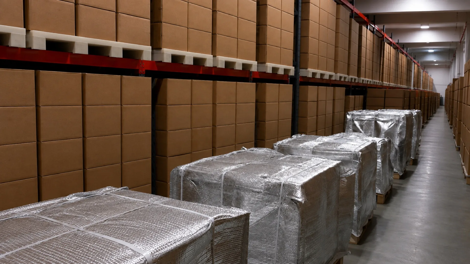 Protected palletised cargo stored in an industrial warehouse