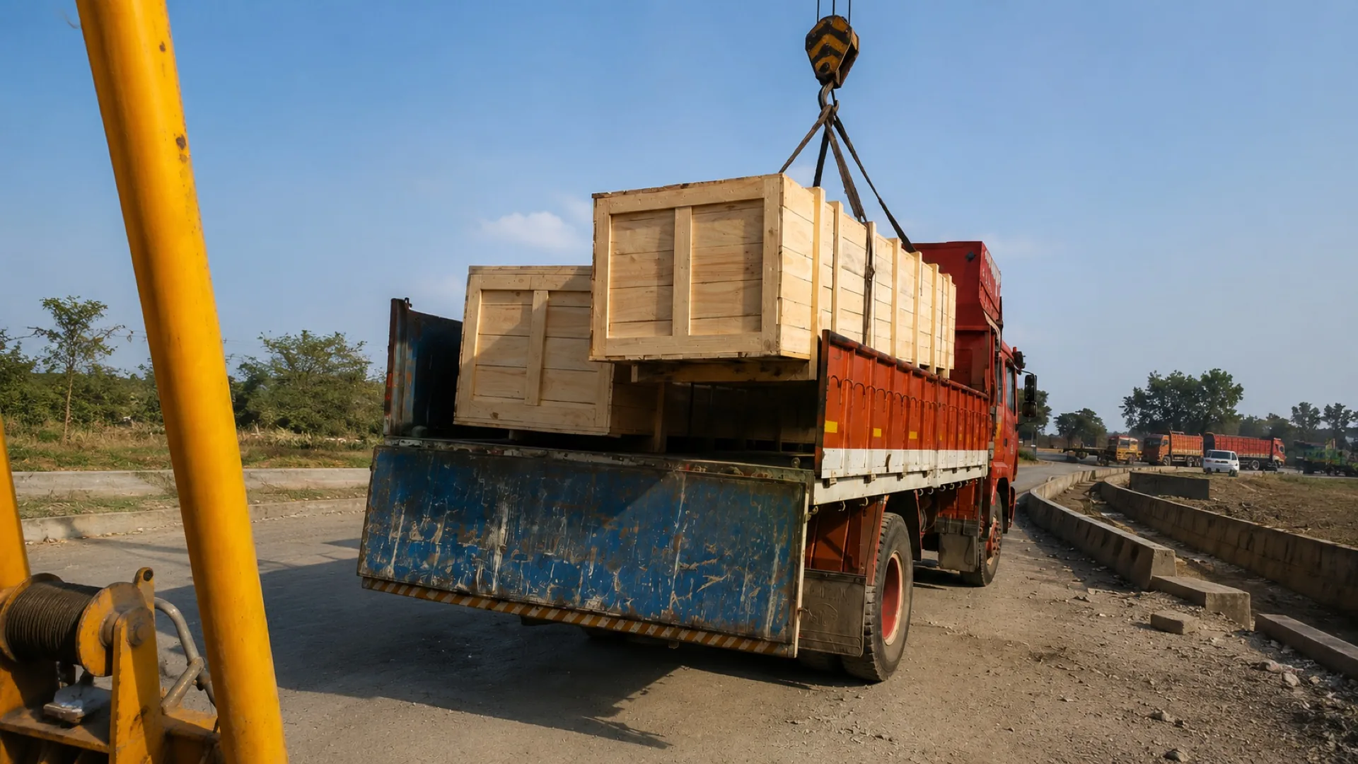 Wooden export crates being loaded onto a transport truck