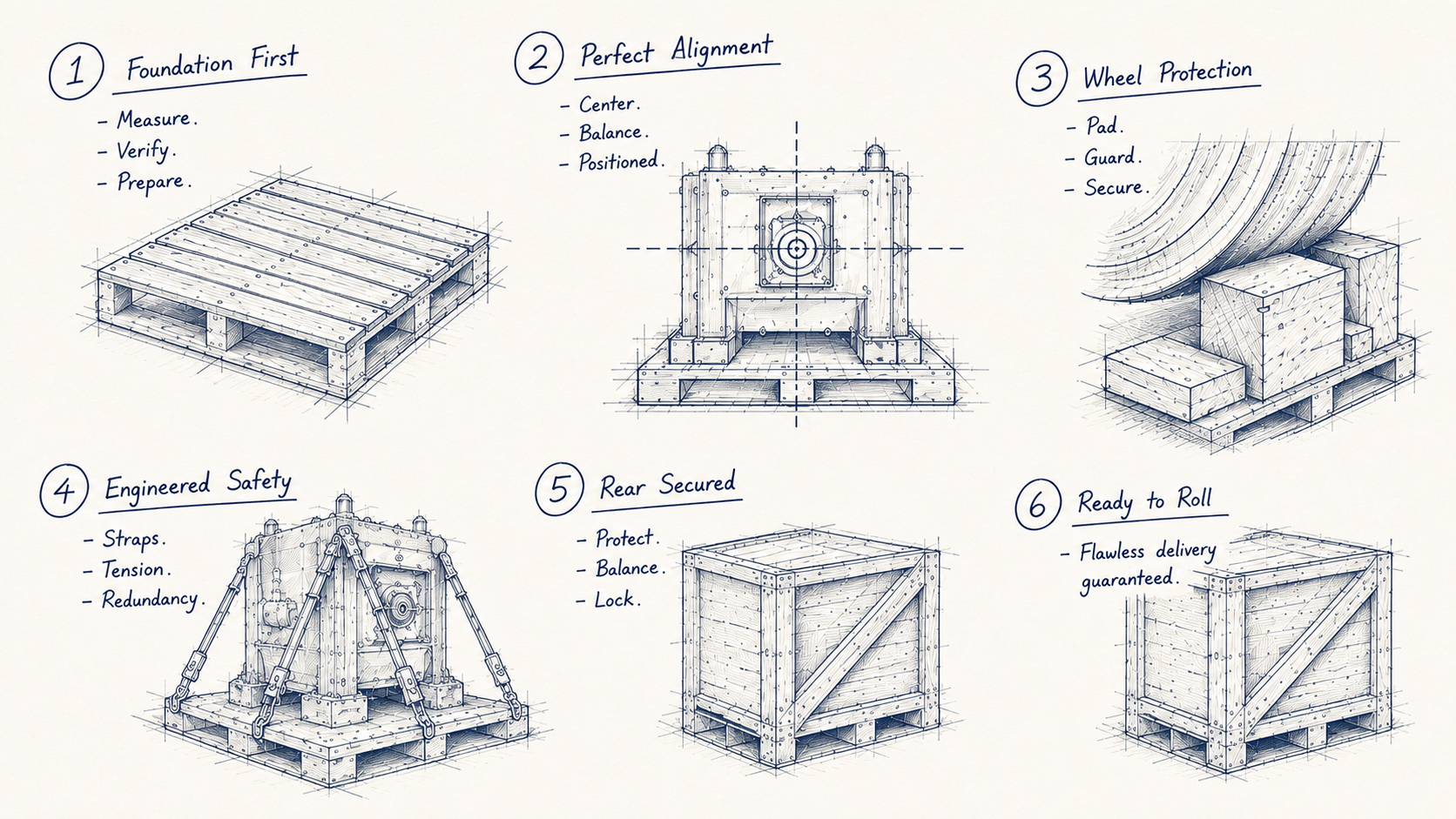 Blueprint sketch of the six-step cargo packing and securing process